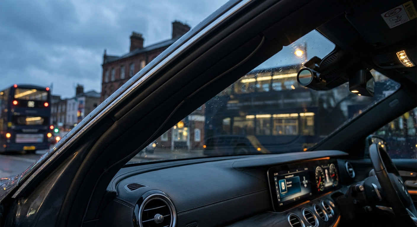 A professionally installed dash cam with a CPL filter mounted on a car windscreen, with a neatly routed hardwire cable along the A-pillar, overlooking a blurred UK urban street at dusk.