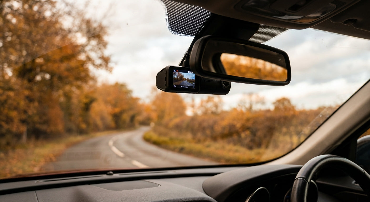 A dash cam mounted on a car windscreen overlooking a British road, symbolising driver protection and insurance peace of mind.