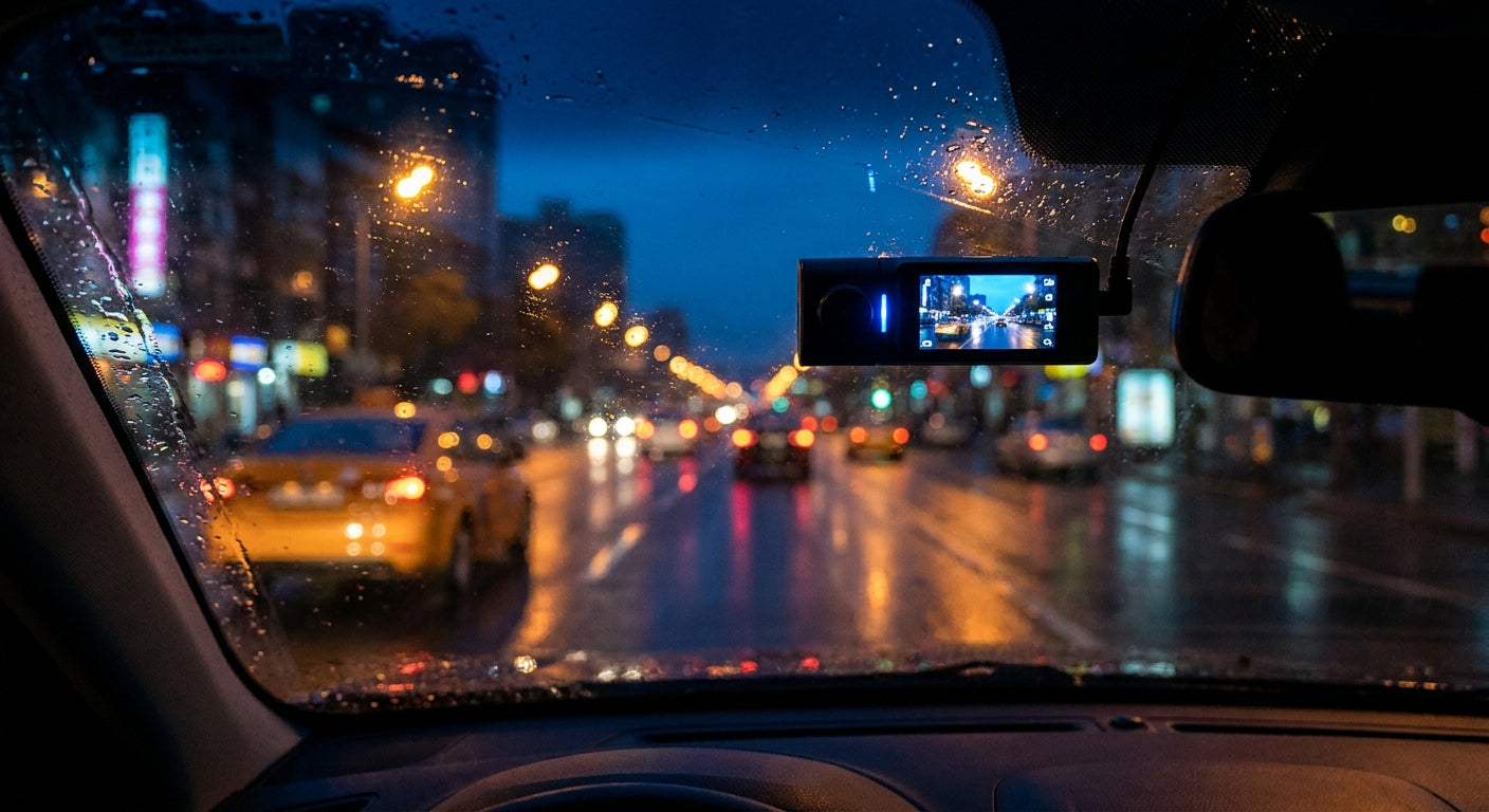 A dash cam mounted on a car windshield at night, capturing a sharp and detailed view of a wet urban road illuminated by streetlights and oncoming headlights.
