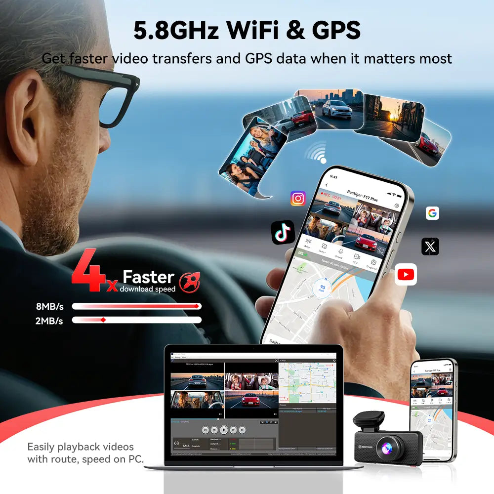 Redtiger F17 Plus 4 Channels 2.7K Sony STARVIS 2 5.8 Ghz Wifi Touch Screen Dash Cam