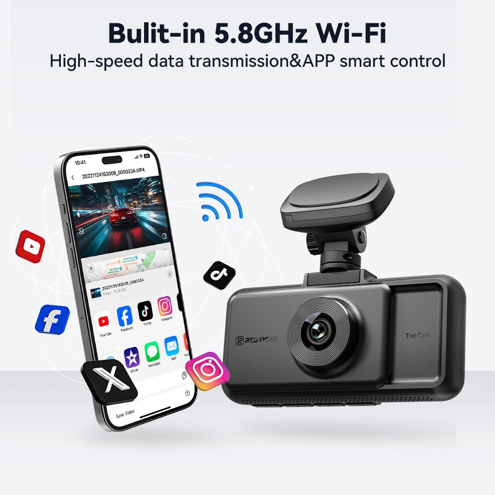 Redtiger A6 4K 3-Channel Dash Cam 5.8Ghz Wifi Voice Control Dash Cam