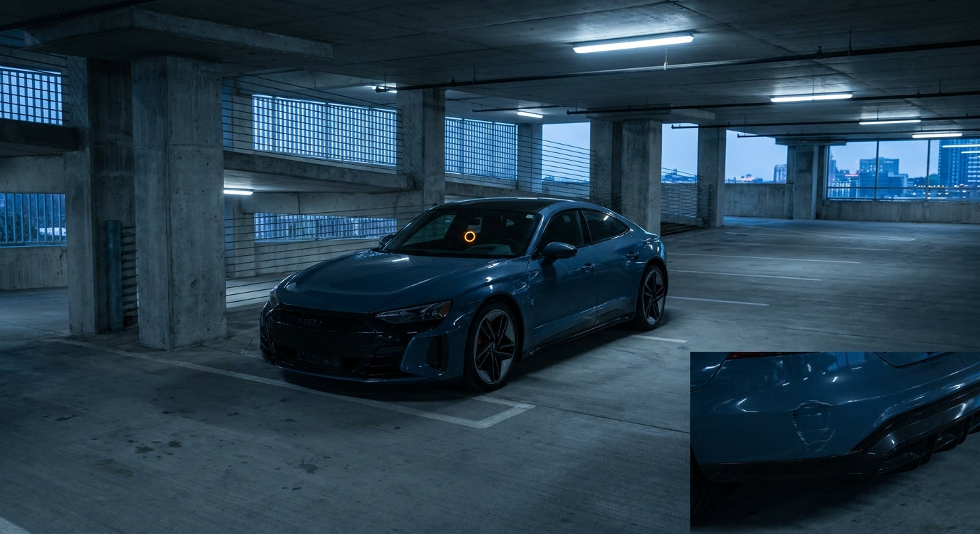 A parked car in a dimly lit multi-storey car park at dusk, with a dash cam glowing on the windscreen and subtle bumper damage suggesting a hit-and-run incident.