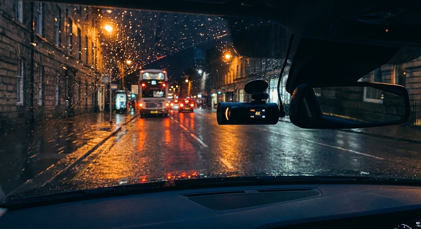 A 4K dash cam mounted on a car windscreen records a rainy nighttime UK road scene with glowing streetlights and blurred traffic ahead.