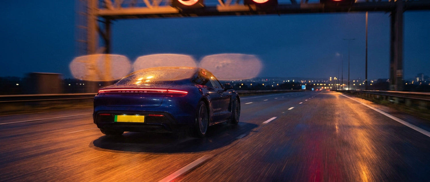 A modern car travels along a wet UK motorway at dusk, with cinematic lighting evoking multiple dash cam perspectives and a mood of safety and technological confidence.