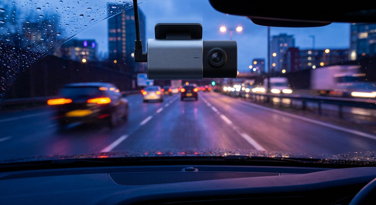 A close-up of a dash cam mounted on a car windscreen overlooking a rain-wet UK motorway at dusk, with glowing tail lights and city lights visible in the background.