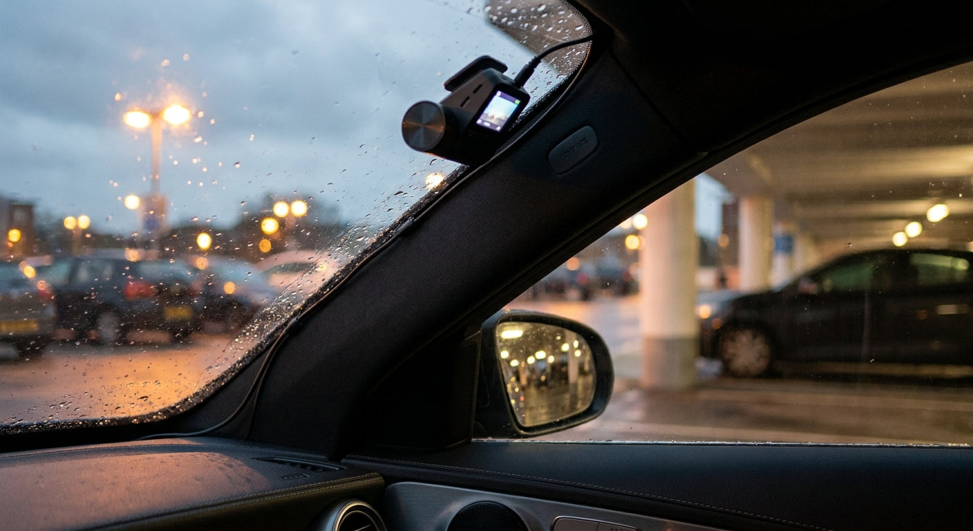 A dash cam neatly hardwired behind a car's A-pillar trim, mounted on a windscreen overlooking a dimly lit UK urban car park at dusk.