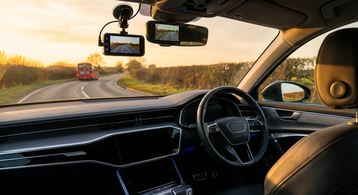 A dual dash cam mounted inside a modern car capturing a clear view of a UK road ahead at golden hour, with the rearview mirror reflecting the rear camera setup.