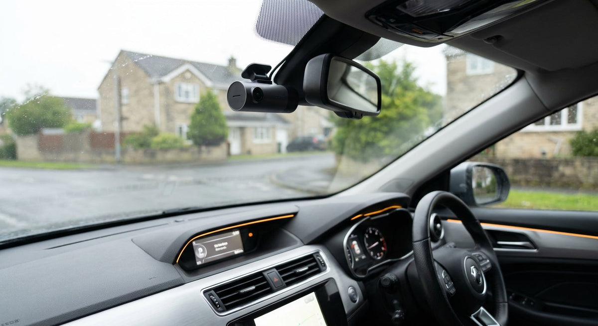 A clean dash cam installation on the windscreen of a modern right-hand-drive car, with a British road visible through the glass ahead.