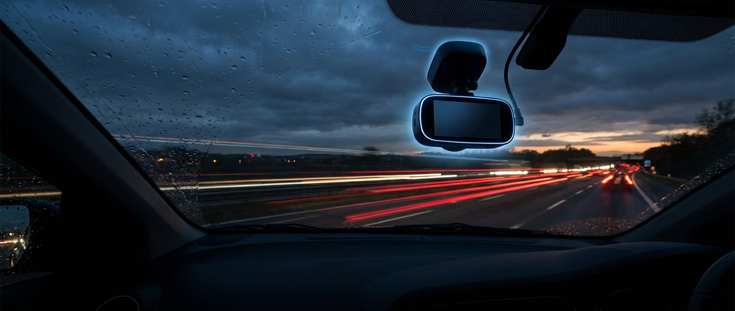 A modern dash cam mounted on a car windshield illuminated by a blue wireless signal glow, overlooking a rain-wet motorway at dusk with streaking vehicle lights.