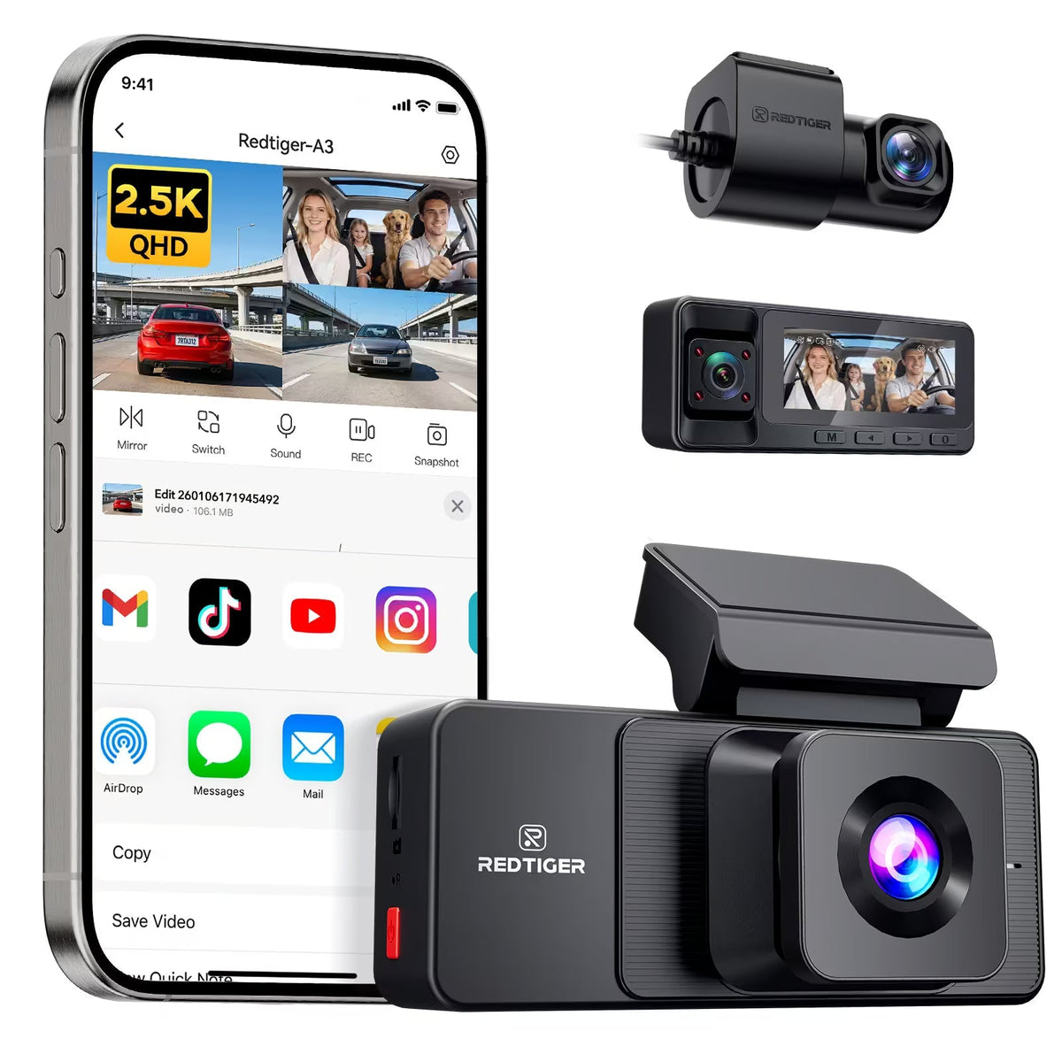 REDTIGER A3 3-Channel Dash Cam 2.5K + Dual 1080P - WiFi & IR Night Vision