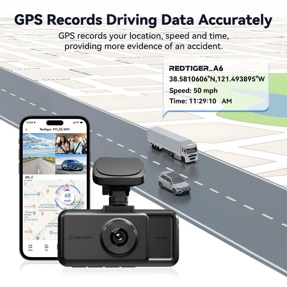 Redtiger A6 4K 3-Channel Dash Cam 5.8Ghz Wifi Voice Control Dash Cam