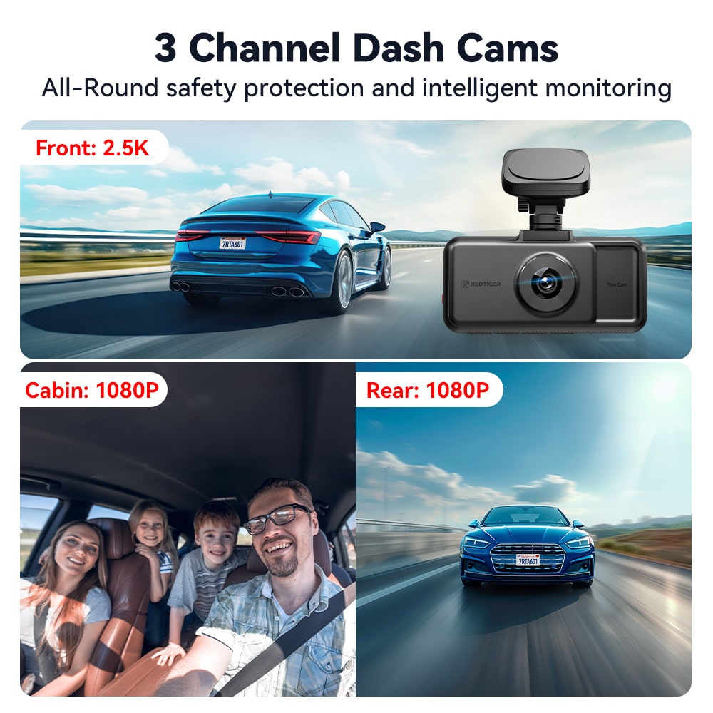 Redtiger A6 4K 3-Channel Dash Cam 5.8Ghz Wifi Voice Control Dash Cam